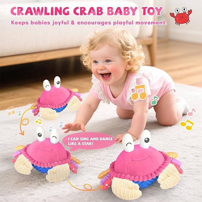 Pink Crawling Crab Baby Toy - Rechargeable Musical Plush Toys with 40 Songs & Voice Recorder, Sensory Toy for Infant Tummy Time, Soft Toy for 12-18 Months Girl, Gift for Toddlers 1-3