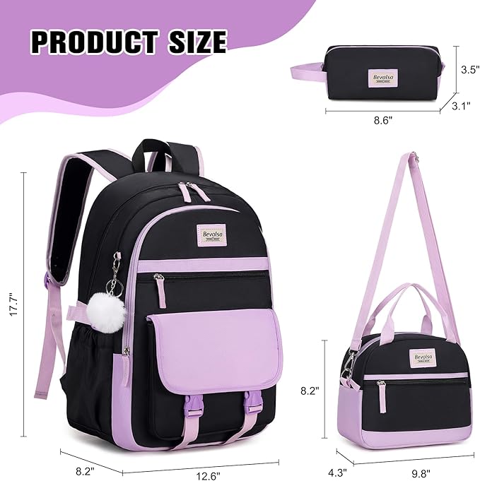 Bevalsa Backpack for Girls, School Backpacks for Girls, Kids Backpack with Lunch Box & Pencil Pouch for Teens Girl Kids Elementary Middle High School College Student Bookbag Daypack (Purple Black)