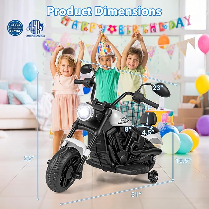 HONEY JOY Toddler Motorcycle, 6V Battery Powered Electric Motorcycle for Kids, Detachable Training Wheels, Music, Foot Pedal, Headlights, Forward/Backward, 3-Wheel Ride On Toy for Boys Girls (White)