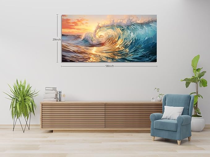 KUNHAAH Wall Art Canvas Painting Big Waves in the Sea 1 Piece Ocean Sunset Huge Waves Nature Picture Poster Print Framed and Stretched Ready to Hang for Living Room Bedroom Artework