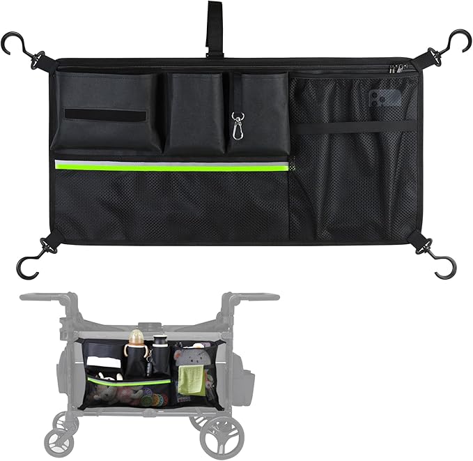 Stroller Wagon Cargo Net,Double-Layer Side Pockets Attachment for WONDERFOLD,Foldable Mesh Sorting Organizer Bag with Extra Storage Space