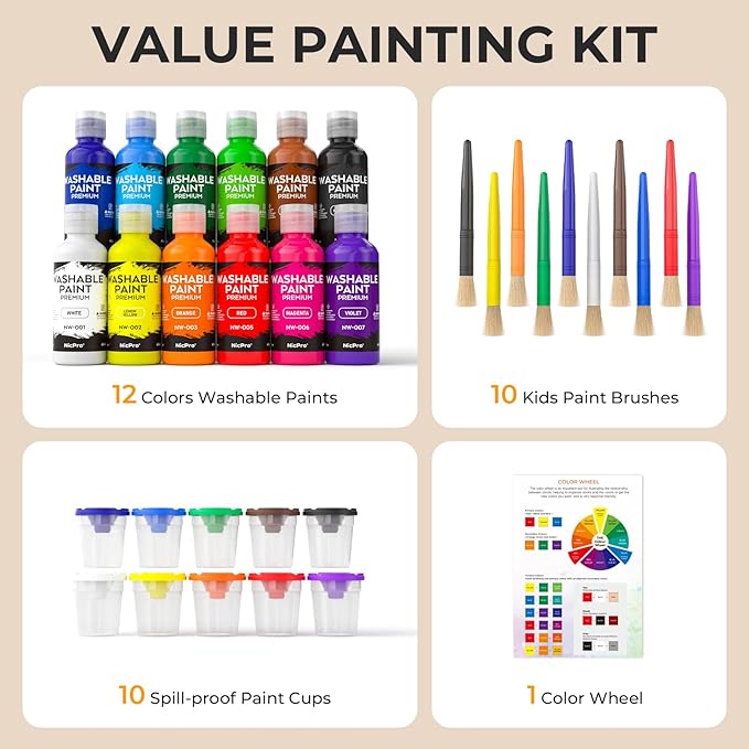 Nicpro 12Colors Washable Paint for Kids(2 oz), Finger Paint Set with Paint Cups and Toddler Paintbrushes, Non Toxic & Mess Free Kids Painting Set for Children Age 1-3 4 5 6+ Preschool Learning Gifts