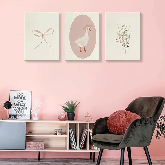 3Pcs Girls Nursery Canvas Wall Art Vintage Goose Wall Decor Pictures Pink Bow Poster Prints Kids Room Painting Artwork for Girls Room Bedroom Living Room Home Decoration,12x16in
