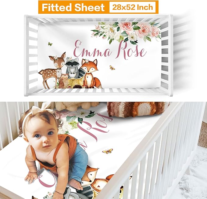 Custom Nursery Crib Bedding Set: Personalized Nursery Decor Baby Blanket Fitted Crib Sheet Changing Pad Cover Baby Room Rug Woodland Animal Fox Pattern Gift Idea(Fixed Size)