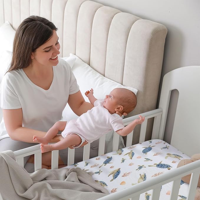 LifeTree Crib Sheets for Baby Unisex - Muslin Fitted Crib Sheets Toddler Bed Sheet, 70% Viscose from Bamboo and 30% Cotton, Fits Mini Crib & Pack and Play Playard, Sea Turtle, 26in x 38in