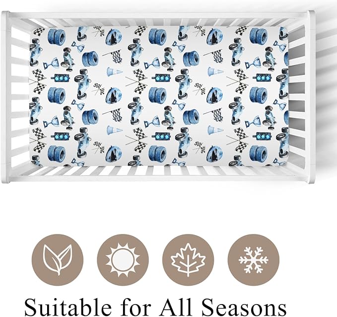 Cute Race Car Flag Baby Crib Sheets for Boy Girl 28x52 Inch Breathable Blue Races Vehicle Trophy Traffic Light Vehicles Fitted Crib Mattress Cover for Standard Crib and Toddler Mattress Car One Size