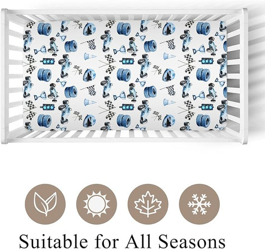 Cute Race Car Flag Baby Crib Sheets for Boy Girl 28x52 Inch Breathable Blue Races Vehicle Trophy Traffic Light Vehicles Fitted Crib Mattress Cover for Standard Crib and Toddler Mattress Car One Size
