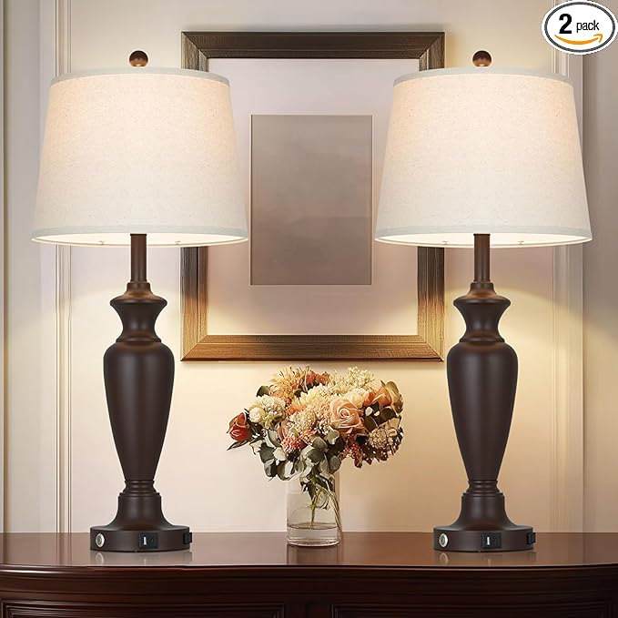 Cinyirong 30" Tall Metal Table Lamps Set of 2, Touch Control Bedside Lamps for Bedroom Nightstand, 3-Way Dimmable Farmhouse Lamp for Living Room with Charging Ports, Brown (2 LED Bulbs Included)