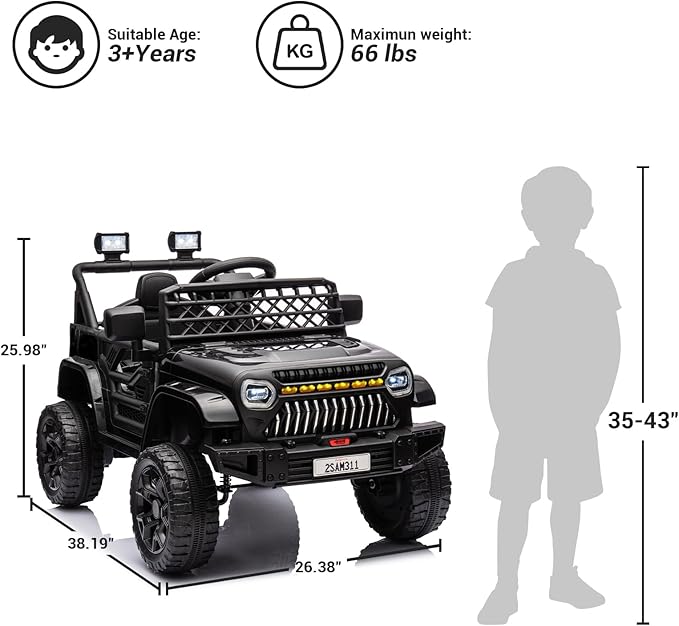 12V Ride On Car for Kids Electric Vehicle Toddlers Battery Powered Truck Car Toy with Remote Control, 4-Wheel Suspension, Battery Display, LED Lights, Music, for Boys Girls, Black