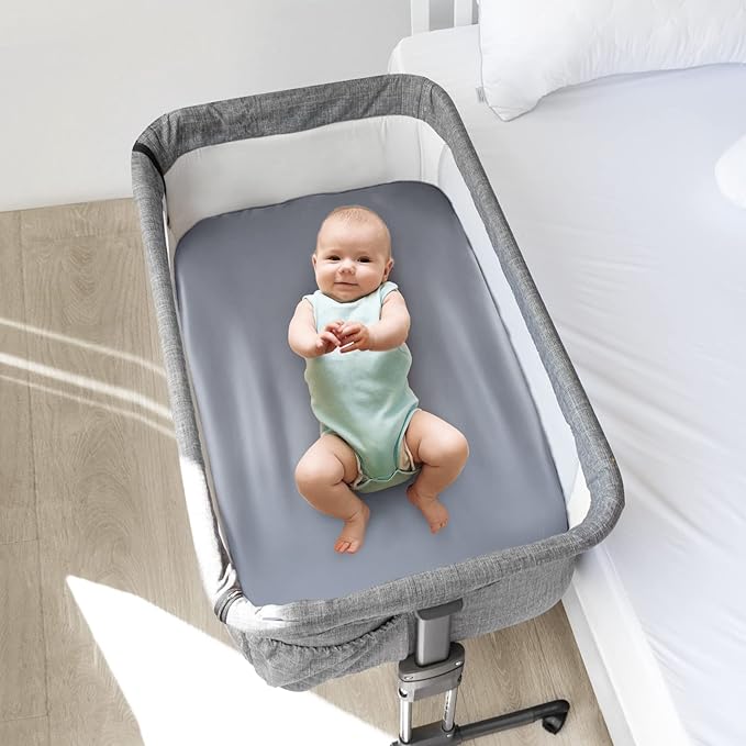 Bassinet Sheets for Baby Boy Girl, Satin Bedside Sleeper Sheets to Fit Mika Micky&Baby Delight&Dream On Me&Baby Joy Bassinet, Bassinet Sheet for Baby Hair (33"x20"x5") Silk Bassinet Sheets, Grey