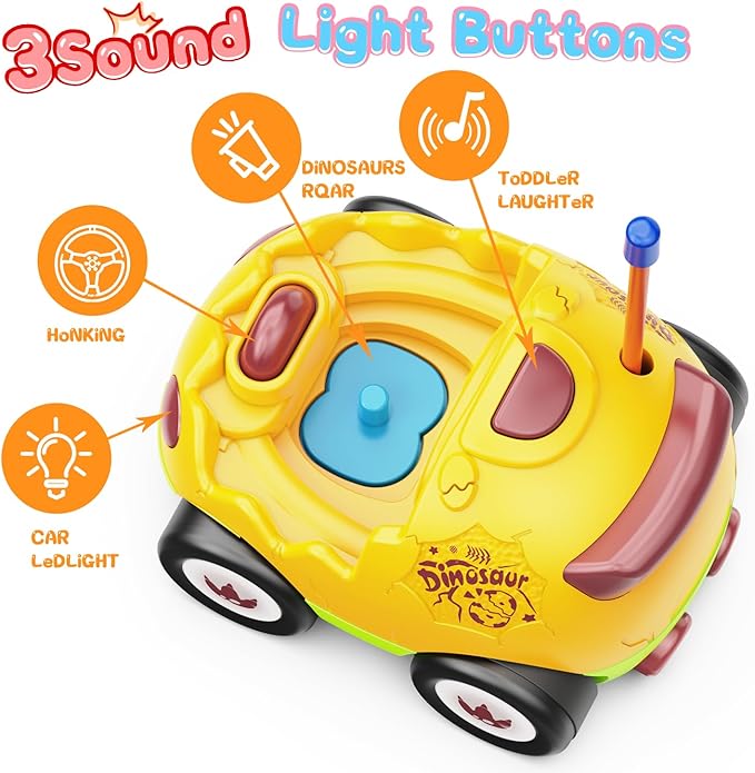 2 Pack Dinosaur Remote Control Cars for Toddlers 2 3 4 5 Years Old - Birthday Gift Ideas for Boys Ages 2-5, Kids Dino Toys RC Vehicle with Lights and Music for Family Fun(Yellow Green)