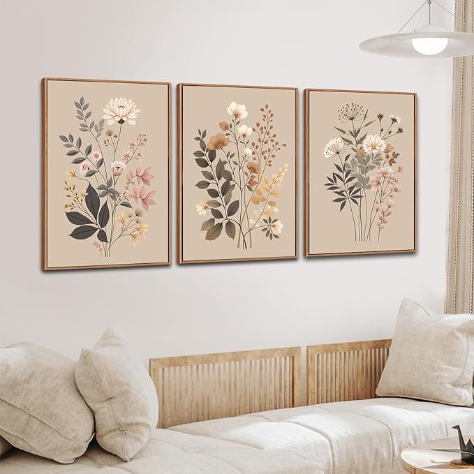 CHDITB Vintage Flower Framed Canvas Wall Art Set, Large Neutral Wildflowers Wall Decor, Farmhouse Floral Artwork Botanical Poster, Modern Art Prints for Living Room Bedroom Office Size 16"x24"