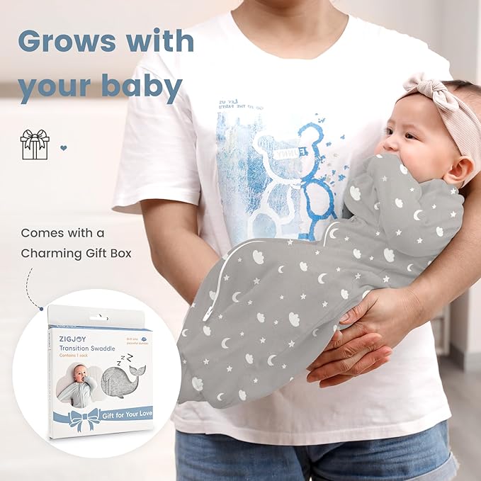 ZIGJOY Baby Transitional Swaddles for Newborns: 0.5 Tog Arms Up Sleep Sack 3-6-12 Months Soft Cotton Shark Fin 2 Way Zipper