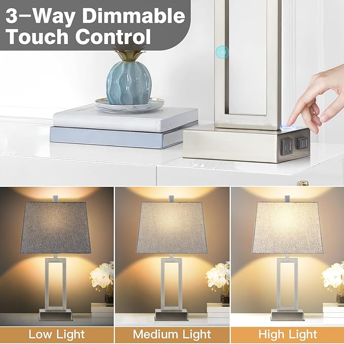 Lolikit 23.5" Touch Control Table Lamps, Metal Bedside Lamp for Bedroom Set of 2 with USB A+C Ports & AC Outlet, 3-Way Dimmable Nightstand Lamp for Living Room (LED Bulb Included)