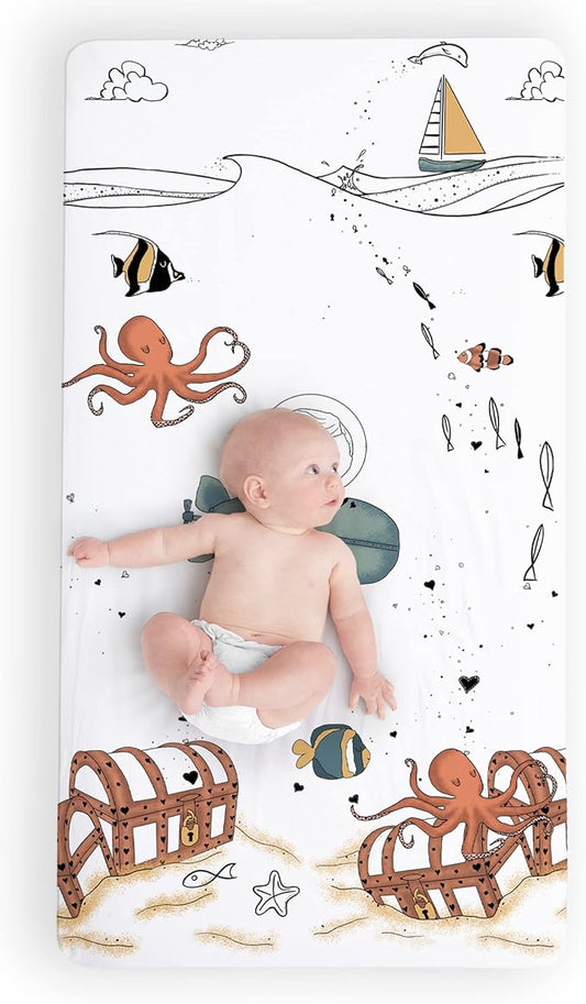 JumpOff Jo - Fitted Crib Sheet, Super Soft Breathable 100% Cotton Baby Crib Sheet for Standard Crib Mattresses and Toddler Beds, 28 in. x 52 in. - Octopus Treasure