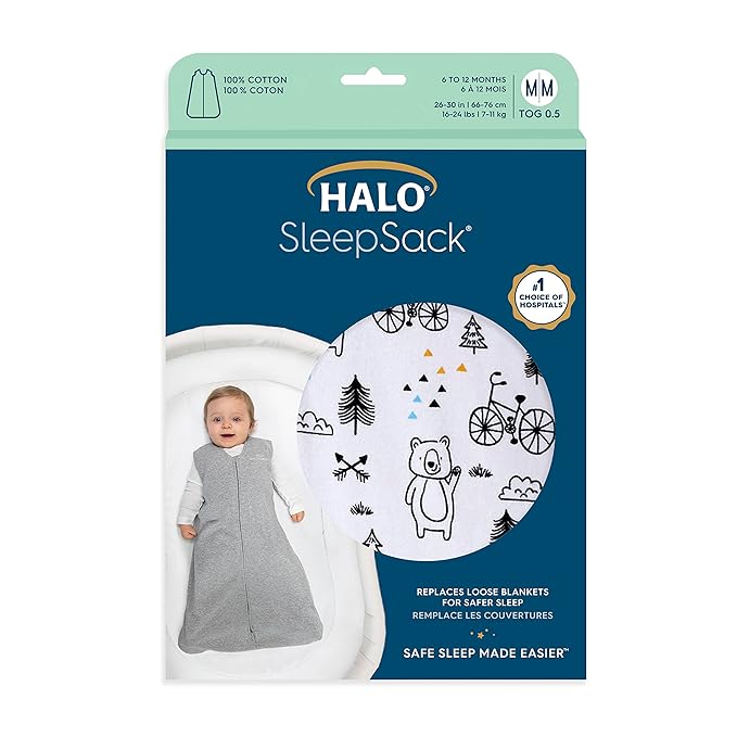 HALO SleepSack, 100% Cotton Wearable Blanket, Swaddle Transition Sleeping Bag, TOG 0.5, Huggy Bears, Small, 0-6 Months