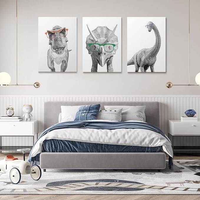 GUBIYU Black and White Animals Canvas Wall Art Print Set of 3 - Dinosaur Bathroom Decor Room Posters - Funny Painting for Kids Boy Girl Nursery 12"x16"