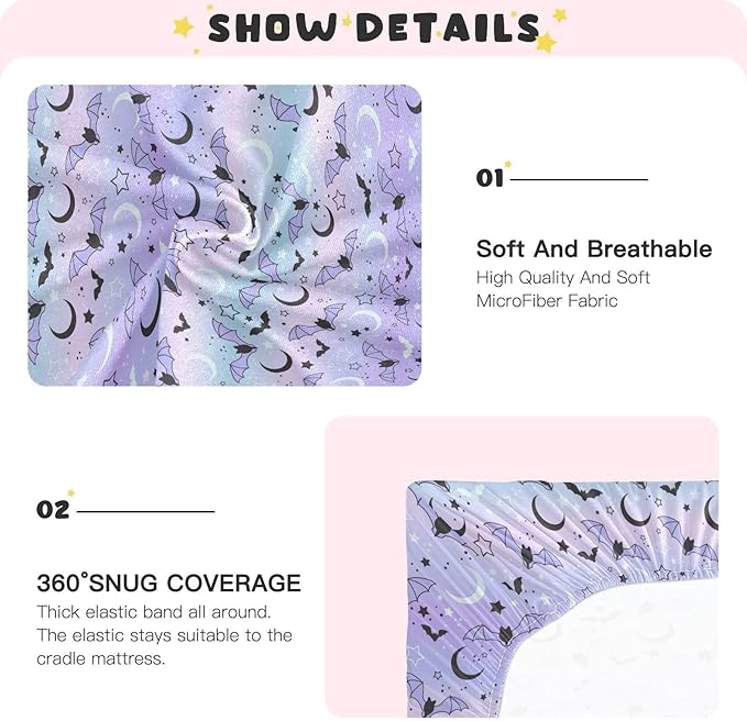 Fitted Crib Sheets for Boys Girls, Bats on The Starry Sky Soft Breathable Mattress Cover for Standard Crib & Toddler Bed Mattress, 52 * 28 in.