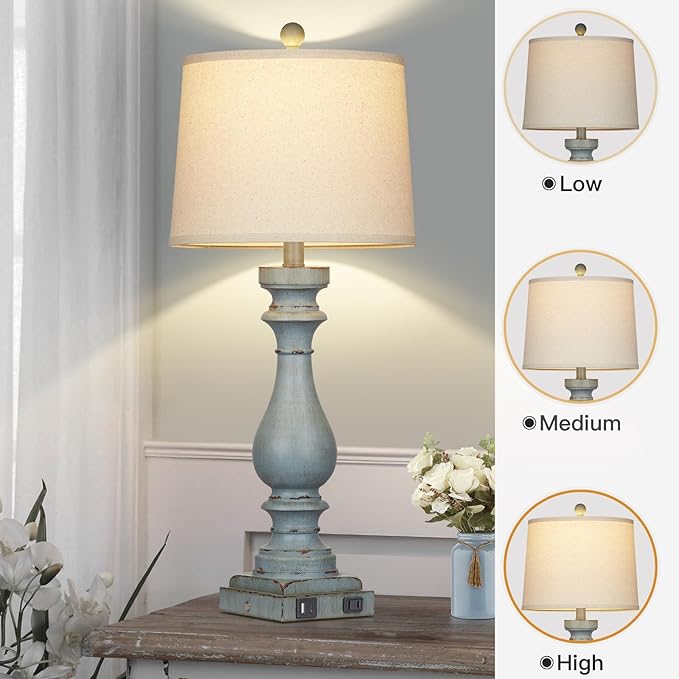 Cinkeda 29" Tall Table Lamp for Living Room Set of 2,Coastal Bedside Nightstand Lamps with USB C+A Ports & AC Outlet,3-Way Dimmable Touch Control Retro Blue Desk Lamp for Bedroom,Color 3