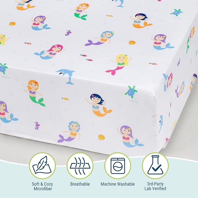 Wildkin Kids 100% Microfiber Crib Sheet – Soft, Breathable Fitted Sheet - Mermaids