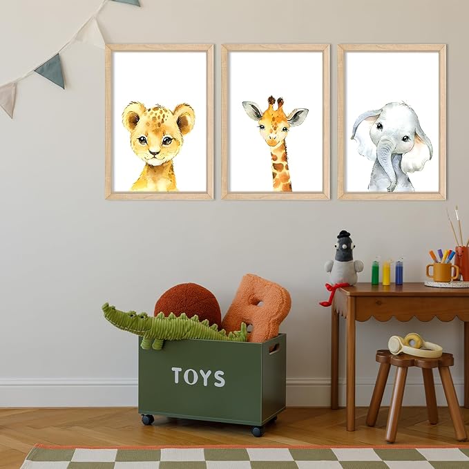 YWJKWLGS Baby Safari Nursery Wall Decor 16"x11" Set of 3 Cute Animal Giraffe Elephant Lion Prints Sign Wood Framed for Children's Room Wall Art (Wood)