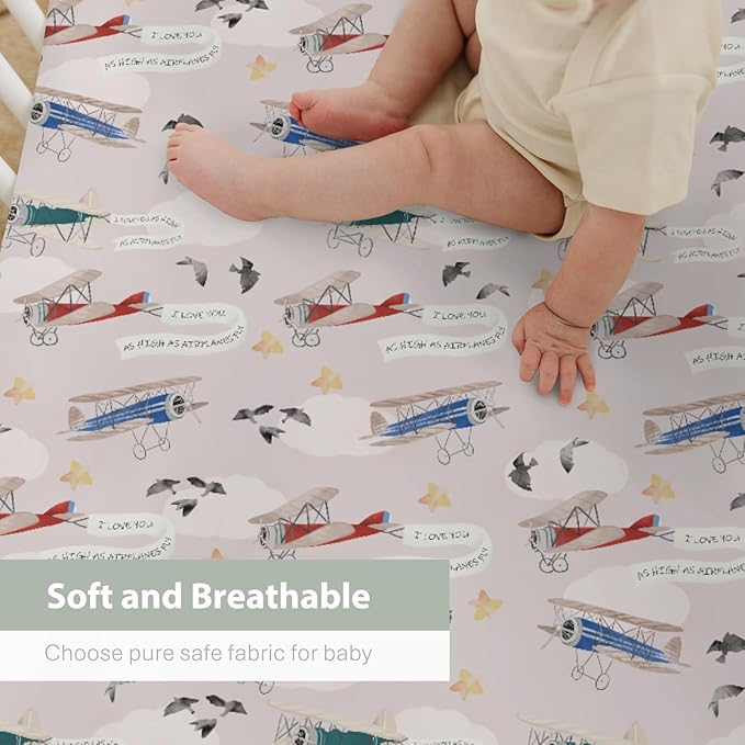 Vintage Planes Birds Sky Baby Crib Sheets for Boy Girl 28"x52" Retro Flying Airplanes Soft Stretchy Fitted Crib Mattress Covers Aircraft Travel Baby Sheets for Standard Crib & Toddler Mattress Pad