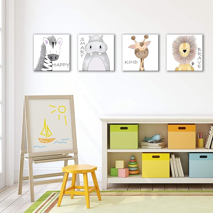 Oreichar Art Kids Wall Art Inspirational Quotes Canvas Print Safari Animals Painting Picture for Nursery Baby Children's Room Bedroom Decoration (12"x12"x4pcs)