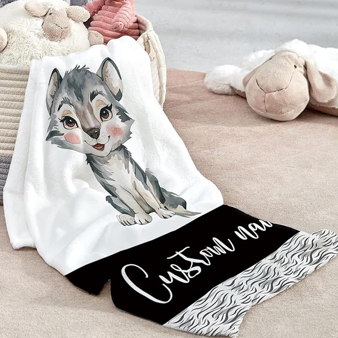 Custom Baby Crib Bedding Set, Personalized Name Little Wolf Theme Crib Set 3 Pcs, Soft Double Layer Blanket, Crib Sheet & Room Rug, Ideal Nursery Decor Gift for Baby Girls Boys
