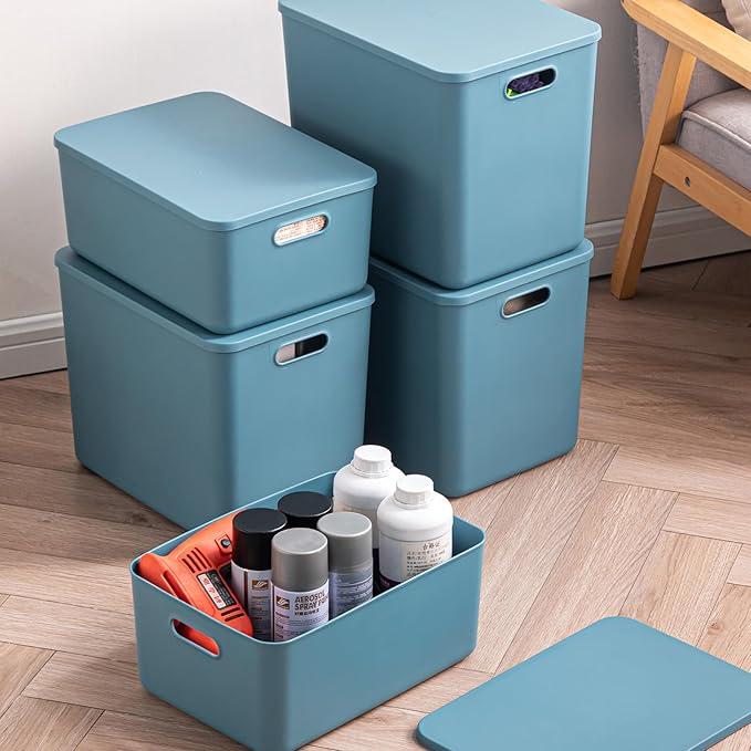 GUMEIGODA Plastic Storage Bins with lids,Storage Baskets,Container with handle,Storage Organizer Bins for Shelves,Office,Bedrooms,Closets, Cabinets(Blue, 3M)