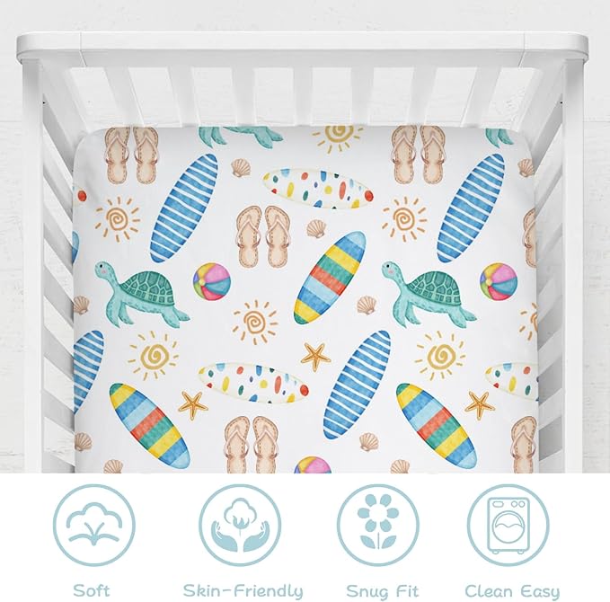 Boho Summer Beach Surf Baby Crib Sheet 52''x28'' Colorful Surfboard Sun Turtles Stretchy Fitted Crib Mattress Sheet for Boy Girl Holiday Soft Baby Bed Sheets for Standard Crib and Toddler Mattress
