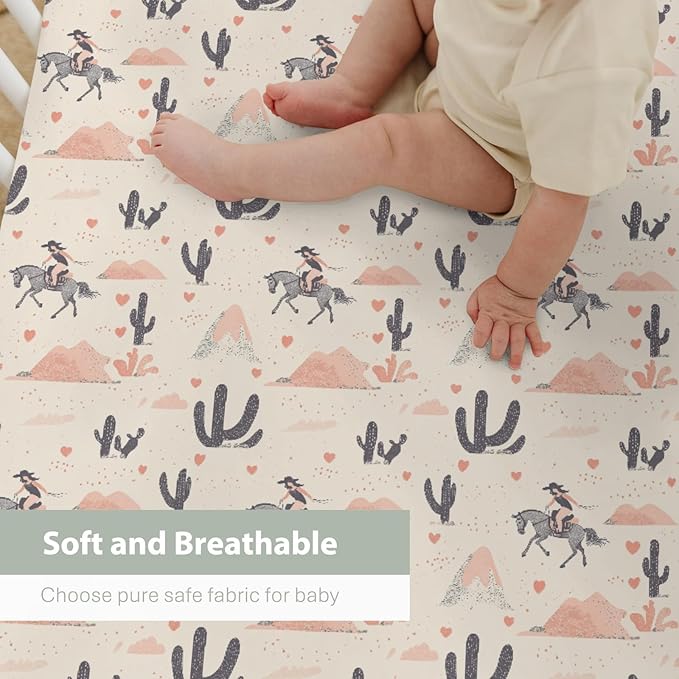 Vintage Western Cowgirl Love Baby Crib Sheets for Boy Girl 28"x52" Retro Cowgirl Horse Cactus Soft Stretchy Fitted Crib Mattress Cover Baby Sheet Fits for Standard Crib and Toddler Mattresses
