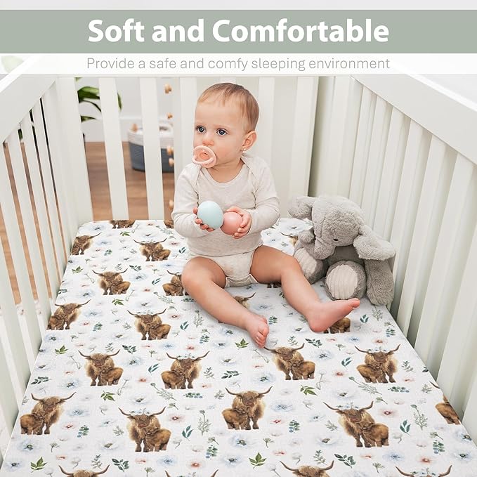Boho Highland Cow Floral Baby Crib Sheets for Boy Girl 52"x28" Highland Yak Cattle Poppies Soft Snug Fitted Crib Mattress Cover Farmland Animal Baby Sheet for Standard Crib & Toddler Bed Mattress