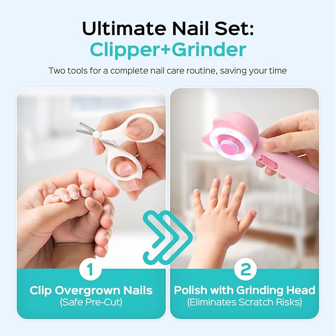 COSLUS Baby Nail File, Baby Nail Trimmer Electric, Baby Nail Clipper - Gentle, Quiet with 360° Light, Safe for Sleep Time Grinding, 16-in-1 Kit for Newborn, Infant & Toddler (C50, Strawberry Pink)