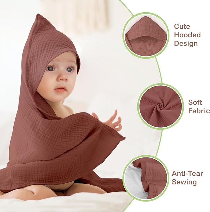 Organic Cotton Muslin Baby Hooded Towels - 32x32 Inch, 2 Pack Newborn Bath Towels for Boys & Girls, Soft & Absorbent Bath Set (Rust/Ivory)