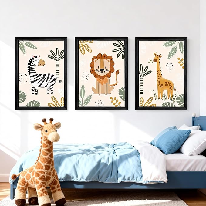 Cute Zebra Lion Giraffe Quote Framed Wall Art Set of 3, 11x16 Boho Educational Animal Wall Sign for Baby Girl Kid Boy Toddlers, Wooden Inspirational Nursery Wall Decor Black