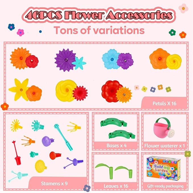 FUNZBO Flower Garden Building Toys Set - Christmas Birthday Gifts for Age 2 3 4 5 6 Years Old Girls, STEM Montessori Educational Toy for Toddler Kids, Sorting & Stacking Spring Gardening Set