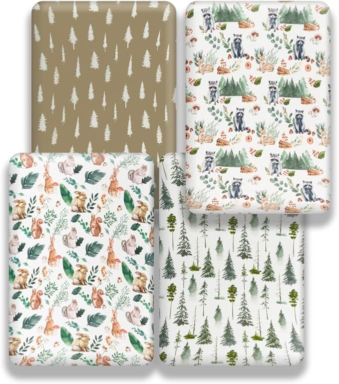 4 Pack N Play Sheets Woodland Forest Animals Wood Neutral Unisex Fitted Baby N Play Sheets Fitted for Standard Pack and Plays and Mini Cribs Set for Baby Boys or Girls (Raccoon)