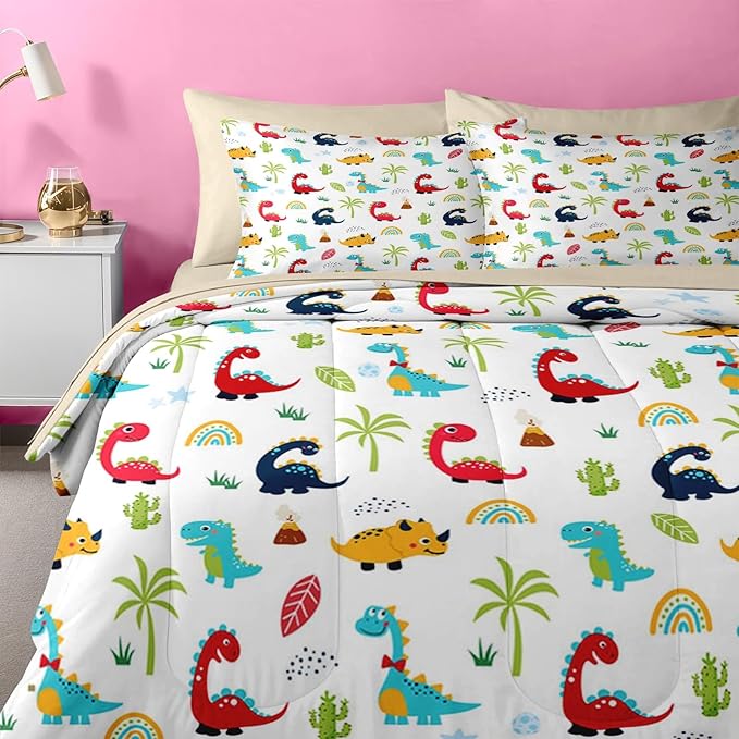 Nesker 4 Pcs Comforter Set Toddler Size, Cute Cartoon Dinosaur Bedding for Kids Teen, Colorful Dino Bed Sheet with Pillowcase & Sham
