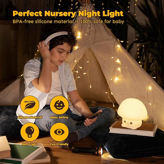 B BENEHORTI LED Squishy Animal Night Light - 2 Level Dimmable Nursery Lamp, Rechargeable Touch Lamp, Cute Dorm Decor - Perfect Boys Girls Gift (Cartoon Mushroom)