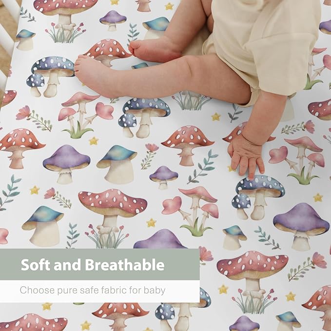 Fairytale Mushroom Baby Crib Sheets for Boy Girl 52x28Inch Colorful Mushrooms Floral Leaves Soft Snug Fitted Crib Mattress Cover Magical Plant Baby Sheet for Standard Crib & Toddler Bed Mattress