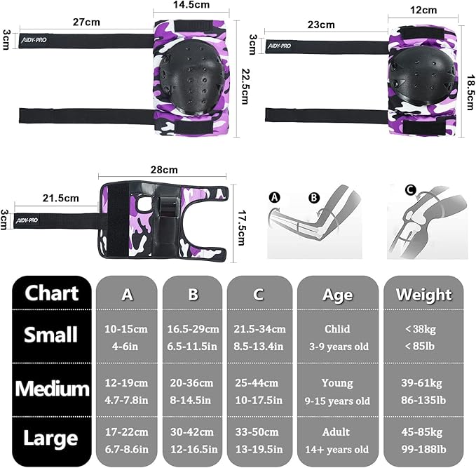 Adult/Youth/Kids Knee Pads and Elbow Pads Set Skateboard Protective Gear, 6 in 1 Knee Guards Kids Wrist Guards for Roller Skating Skateboarding Biking