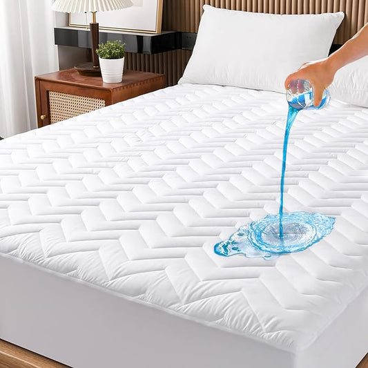 Twin Size Waterproof Mattress Protector Quilted, Breathable Ultra-Soft Filling Mattress Pad, Fitted Deep Pocket Mattress Cover Fits 6''-19'' Mattress White