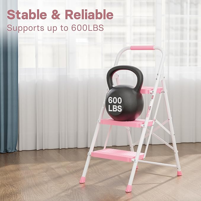 BONTEC 3-Step Ladder, Folding Step Stool, 600lbs Max Load Capacity, Sturdy Steel, Non-Slip Pedals, Lightweight, Portable Steel Ladder with Convenient Handrail, Safety Design for Home & Work, Pink