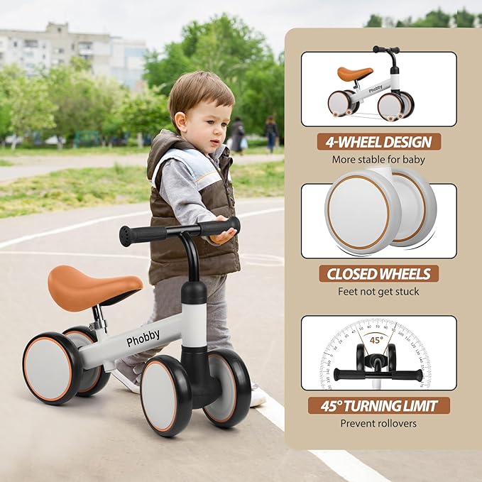 Baby Balance Bike for 1 2 Years Old Boys Girls, 4 Wheels Toddler Bike with Adjustable Seat, 12-24 Months Kids First Birthday Toy Gift