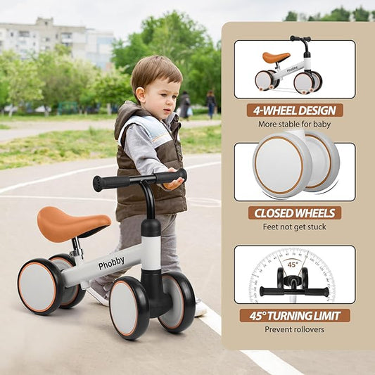Baby Balance Bike for 1 2 Years Old Boys Girls, 4 Wheels Toddler Bike with Adjustable Seat, 12-24 Months Kids First Birthday Toy Gift