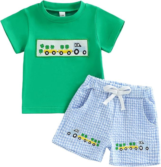 Baby Boy St Patricks Day Outfit Clover Embroidery Short Sleeve T-shirt Tops Shorts Set Toddler Spring Summer Clothes