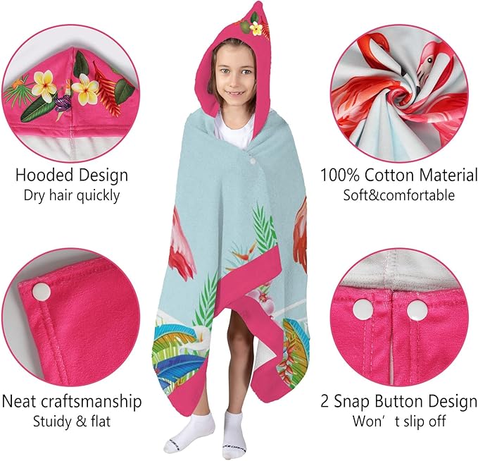 Thickened Hooded Towels for Kids Suitable Girls Boys Kids Bath Towels, 30"x50" Super Absorbent, Flamingo Cute Cartoon Toddler Towels Multi-Purpose for Beach, Pool and Bathroom