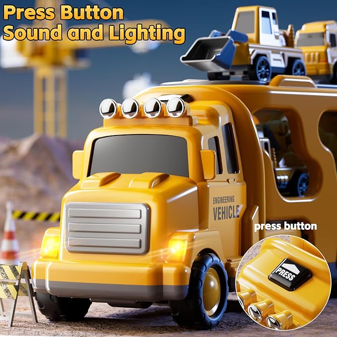 Construction Trucks Toys for 2 3 4 5 Years Old Boys - 7-in-1 Carrier Transport Vehicle Trucks for Kids 1-3 3-5, Car Toys with Light Sound, Birthdays Gifts Set for Kids Age 3-9