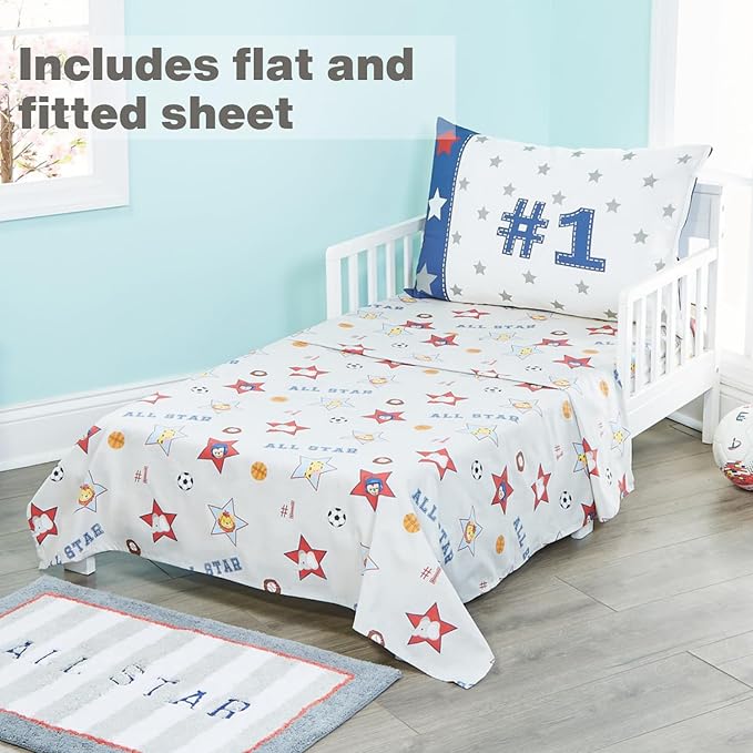 EVERYDAY KIDS 4 Piece Toddler Bedding Set - Jungle Sports - Soft 100% Cotton Percale - Includes Comforter, Flat Sheet, Fitted Sheet and Reversible Pillowcase