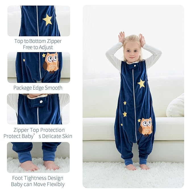 MICHLEY Toddler Sleeping Sack with Feet Newborn Infant Sleeveless Sleeping Bag 2-way Zipper Baby Wearable Blanket for Walkers,Dark Blue Owl,3-5T
